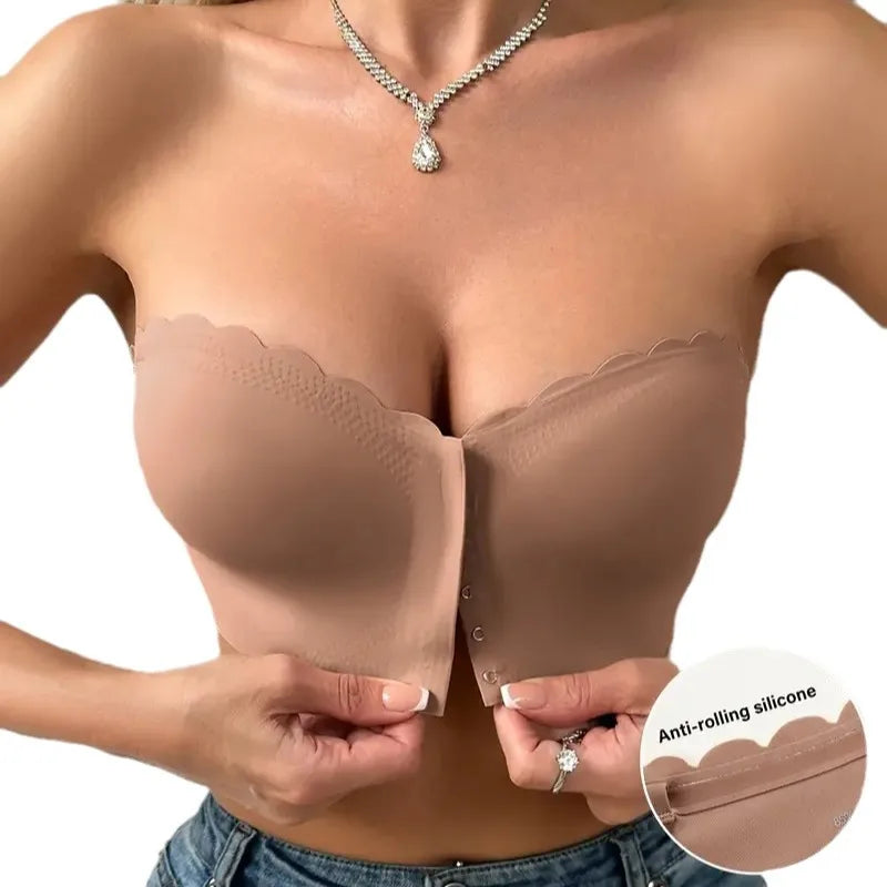 Seamless Strapless Bra for Women – Front Buckle, Push-Up, Sports & Everyday Wear