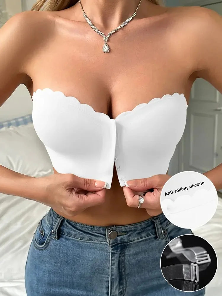Seamless Strapless Bra for Women – Front Buckle, Push-Up, Sports & Everyday Wear