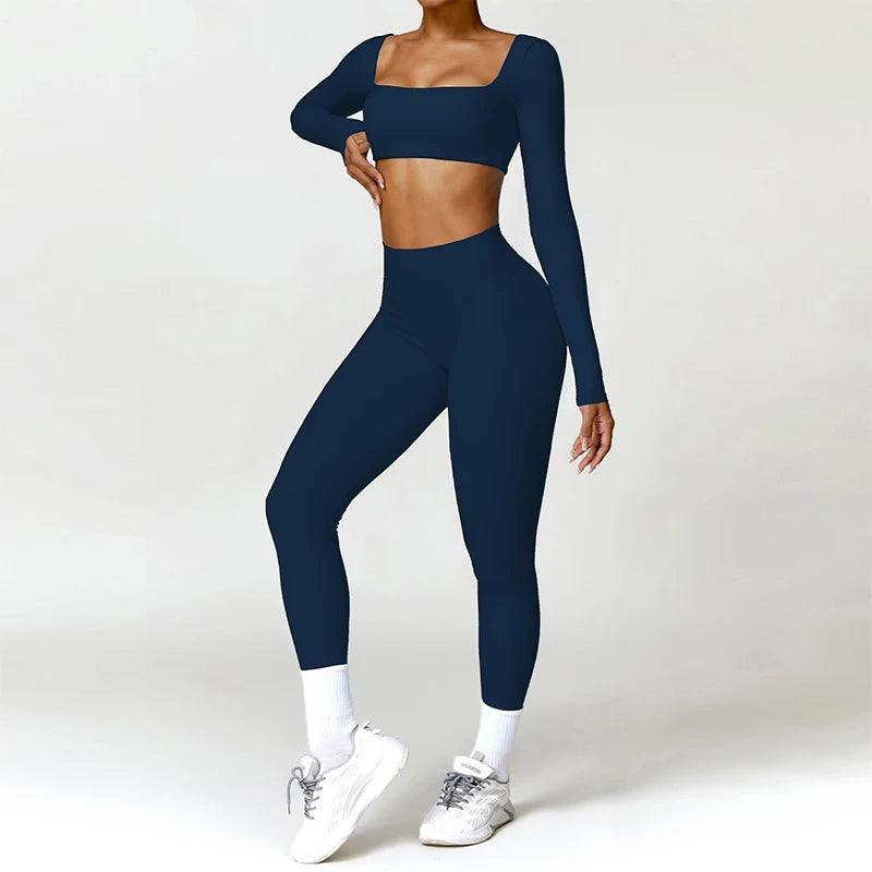 2PCS Yoga Set – High Waist Leggings + Long Sleeve Top | Quick-Dry & Sculpt Fit