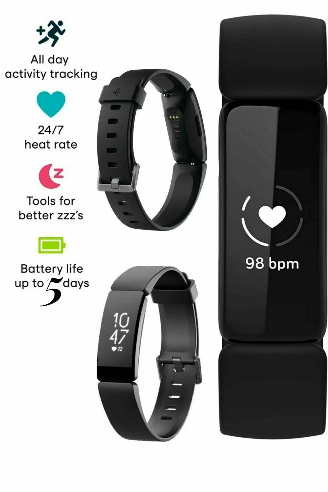 Fitbit Inspire HR – Health & Fitness Tracker with 24/7 Heart Rate, Sleep & Swim Tracking, Waterproof Smart Band