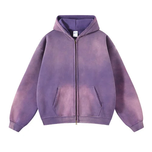 Unisex Oversized Zip Hoodie – Plush Tie-Dye Gradient | Cozy Winter Streetwear