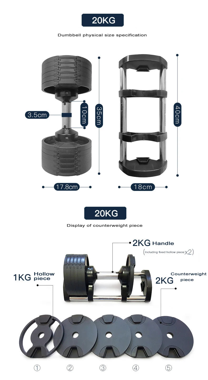 Adjustable Dumbbell Set – 2nd Generation Round Weights, 24kg/36kg, 2kg Increment, Home & Gym Fitness