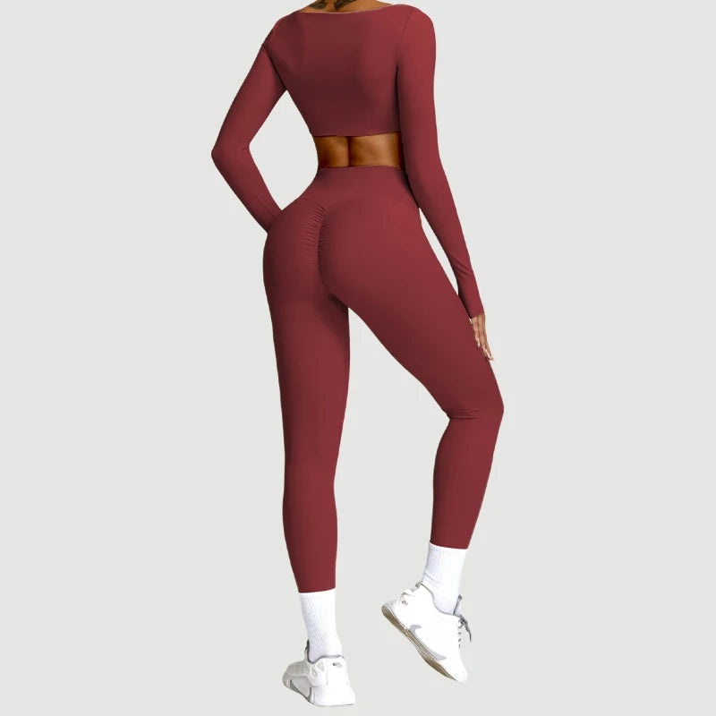 2PCS Yoga Set – High Waist Leggings + Long Sleeve Top | Quick-Dry & Sculpt Fit