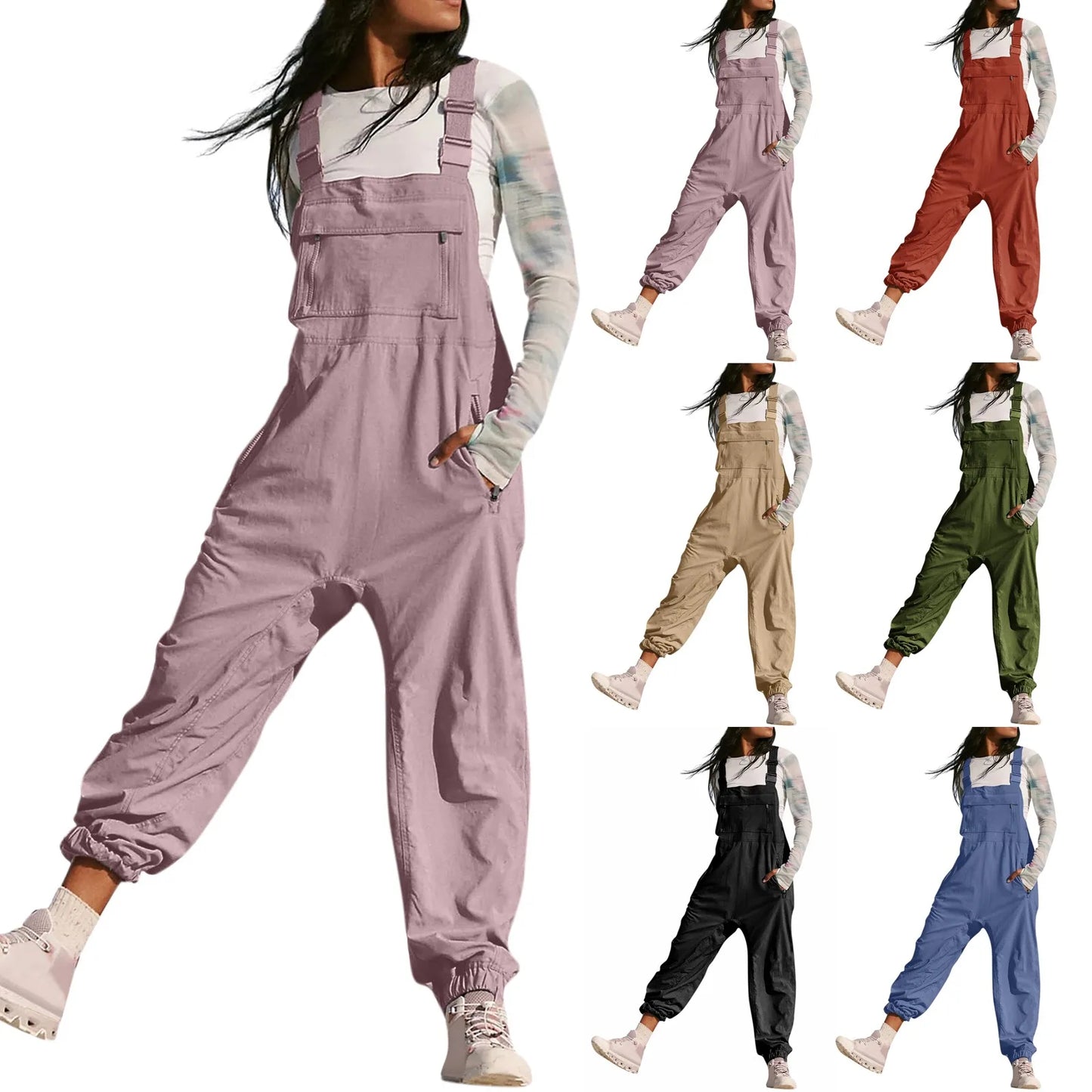 Women’s Casual Sleeveless Wide-Leg Jumpsuit with Pockets – Adjustable Straps