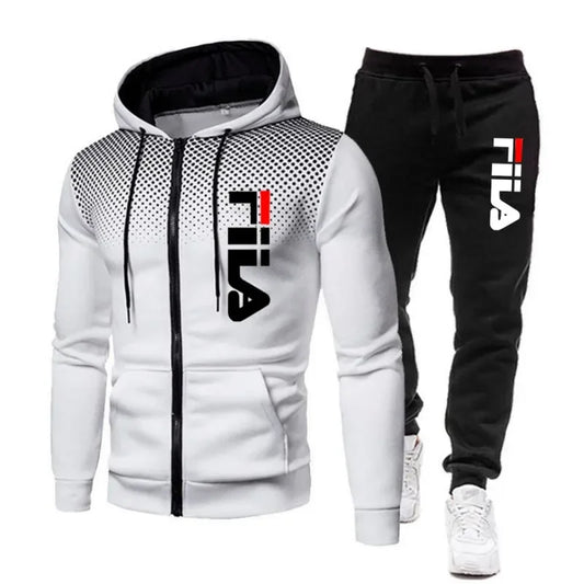 New men's casual jogging fitness fashion sports clothing set autumn and winter printed zipper hoodie + two sets of stretch pants