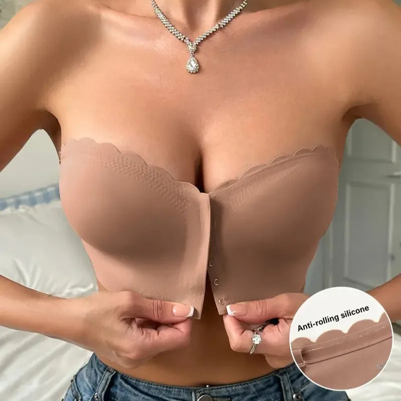 Seamless Strapless Bra for Women – Front Buckle, Push-Up, Sports & Everyday Wear