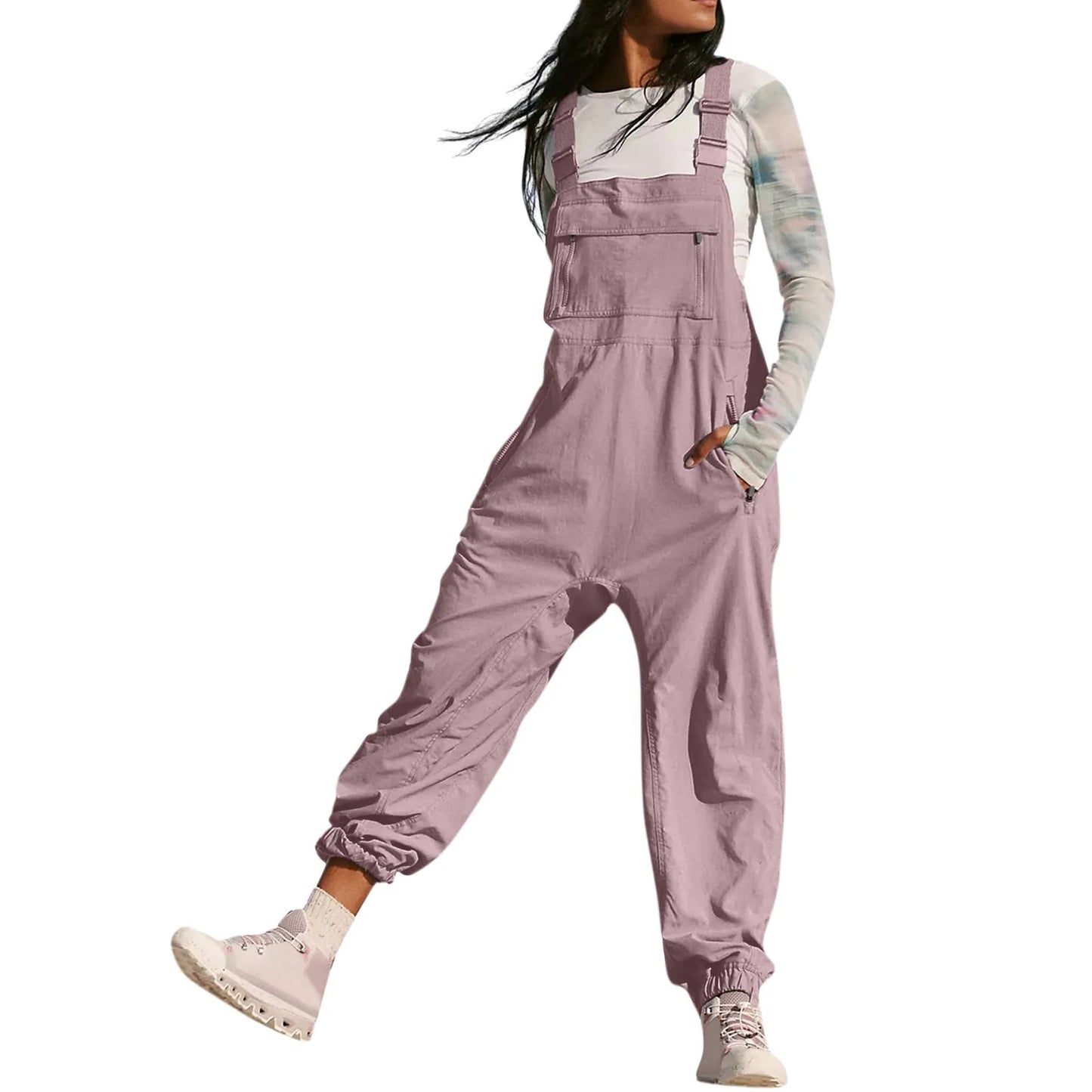 Women’s Casual Sleeveless Wide-Leg Jumpsuit with Pockets – Adjustable Straps