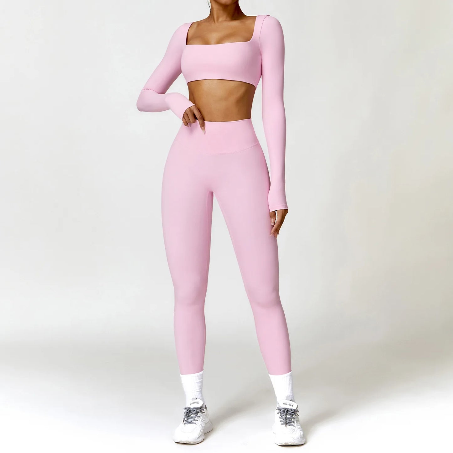 2PCS Yoga Set – High Waist Leggings + Long Sleeve Top | Quick-Dry & Sculpt Fit