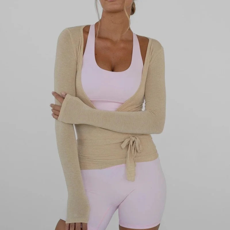 Wrap Tie Front Yoga Crop Top – Long Sleeve, Deep V-Neck, Breathable Fit