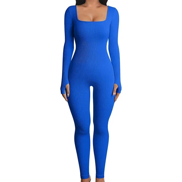 Women’s Ribbed Knit Long Sleeve Skinny Jumpsuit – Square Neck Bodycon Fit