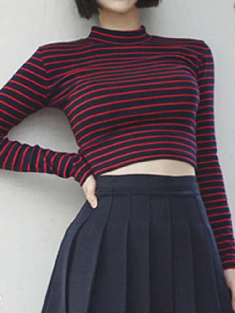 "Women's Chic Striped Slim Fit Crop Top – Long Sleeve Turtleneck"