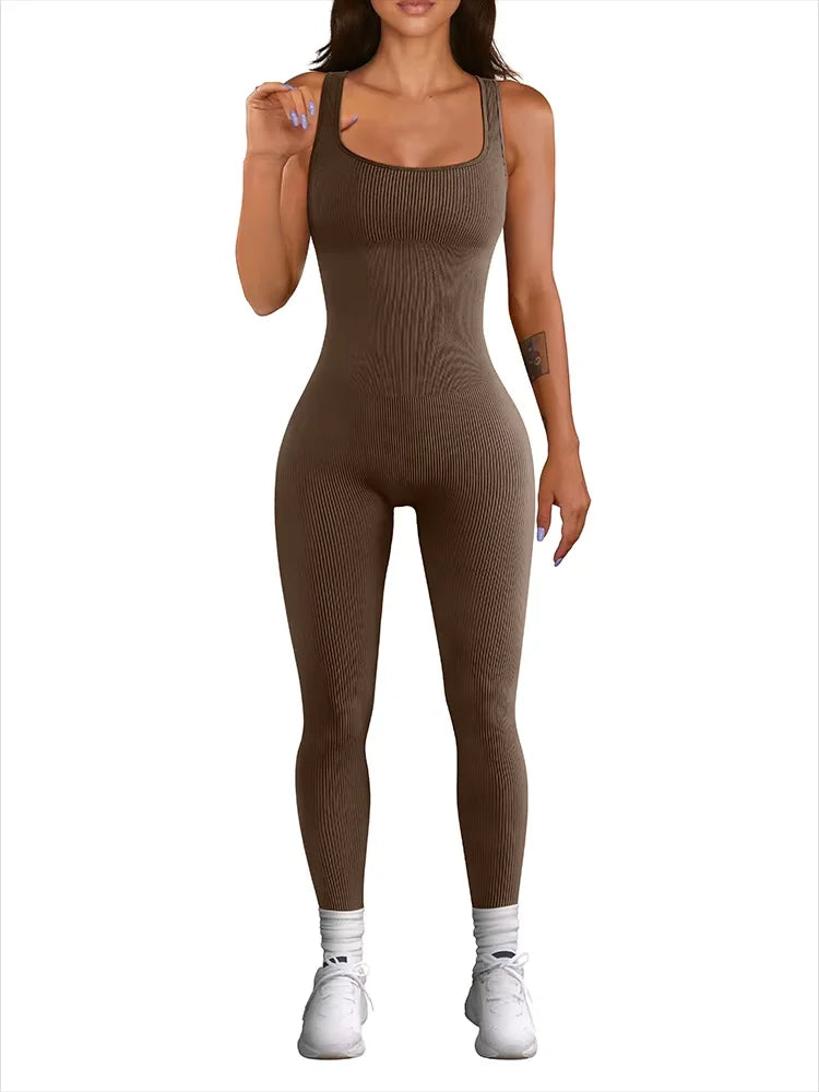 Women's Ribbed Sleeveless Yoga Jumpsuit – Square Neck, High Waist, Seamless Activewear for Fitness & Sports
