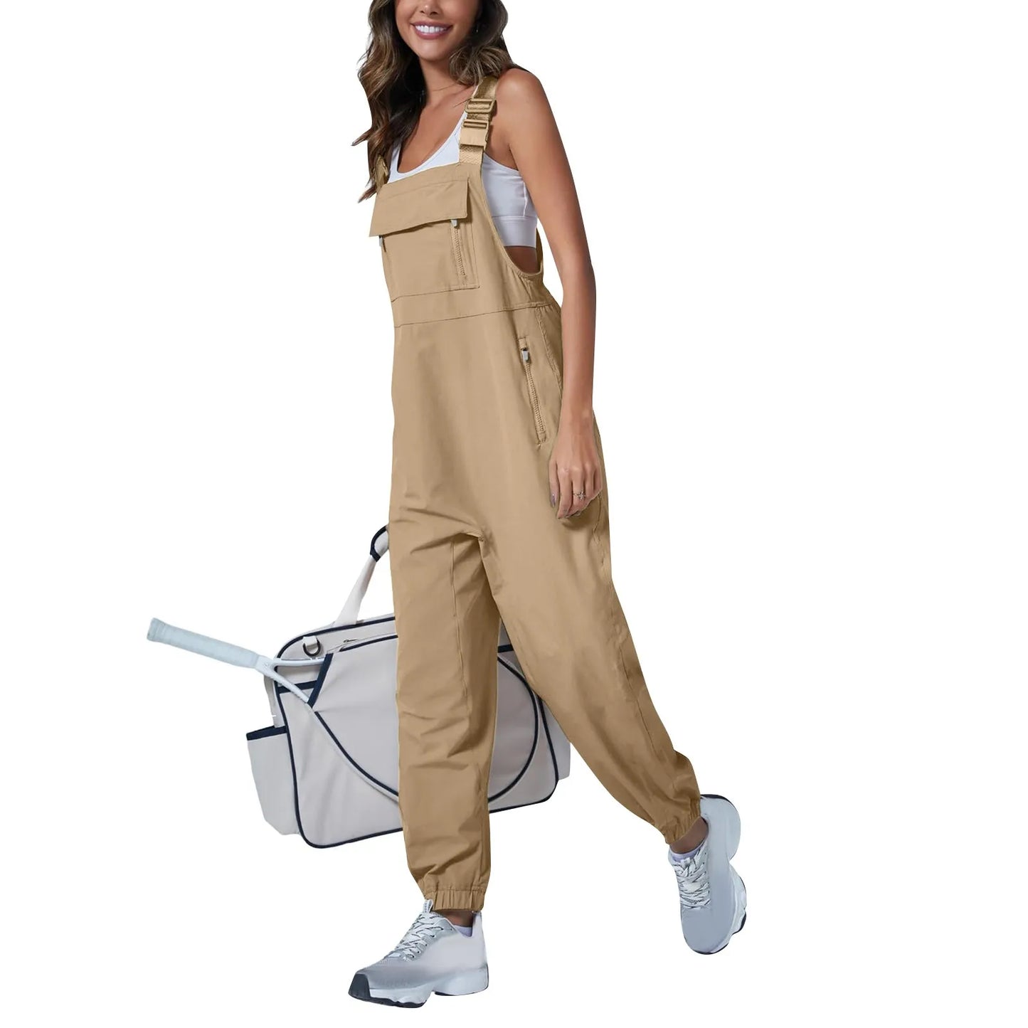 Women’s Casual Sleeveless Wide-Leg Jumpsuit with Pockets – Adjustable Straps