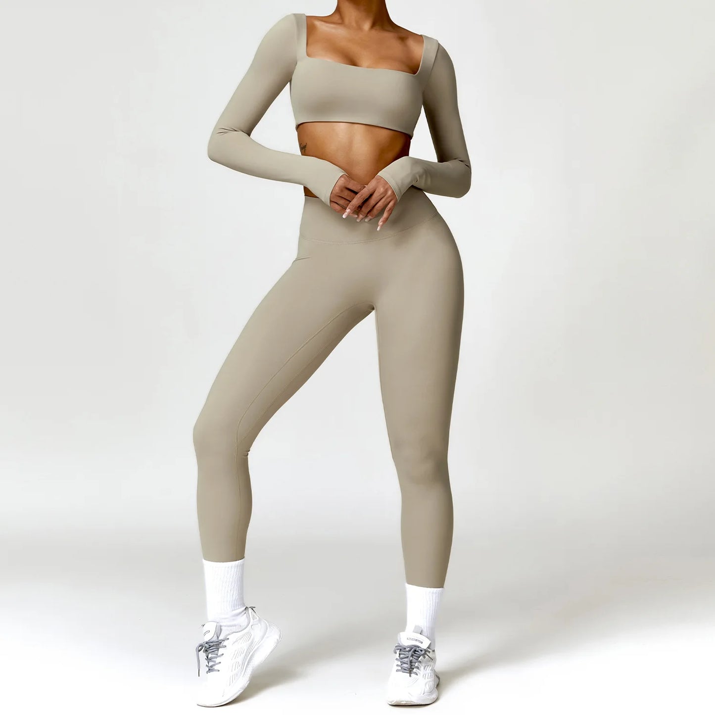 2PCS Yoga Set – High Waist Leggings + Long Sleeve Top | Quick-Dry & Sculpt Fit