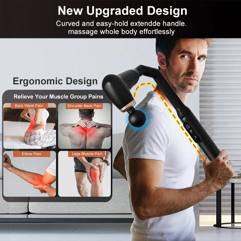 Portable Fascia Massage Gun – Deep Tissue Massager with Extended Handle & 4 Heads for Neck, Back, Shoulder & Leg Pain Relief