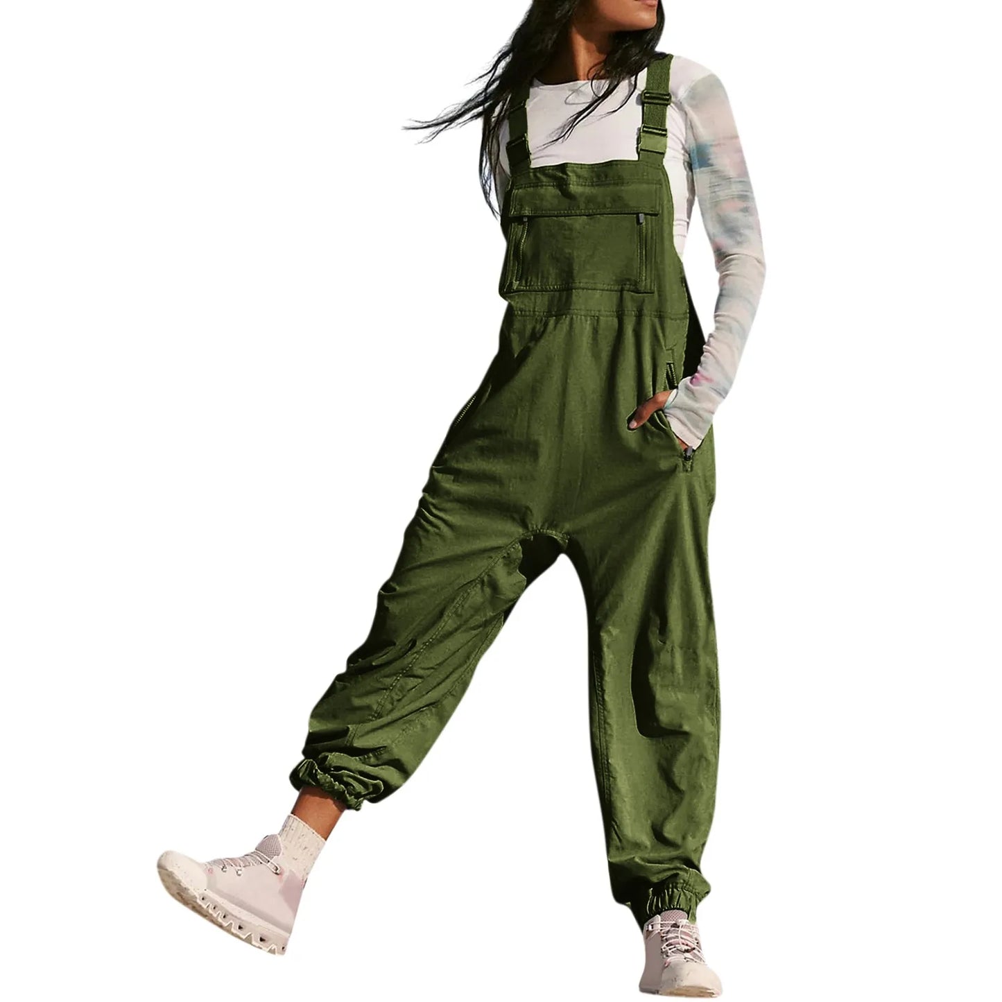 Women’s Casual Sleeveless Wide-Leg Jumpsuit with Pockets – Adjustable Straps