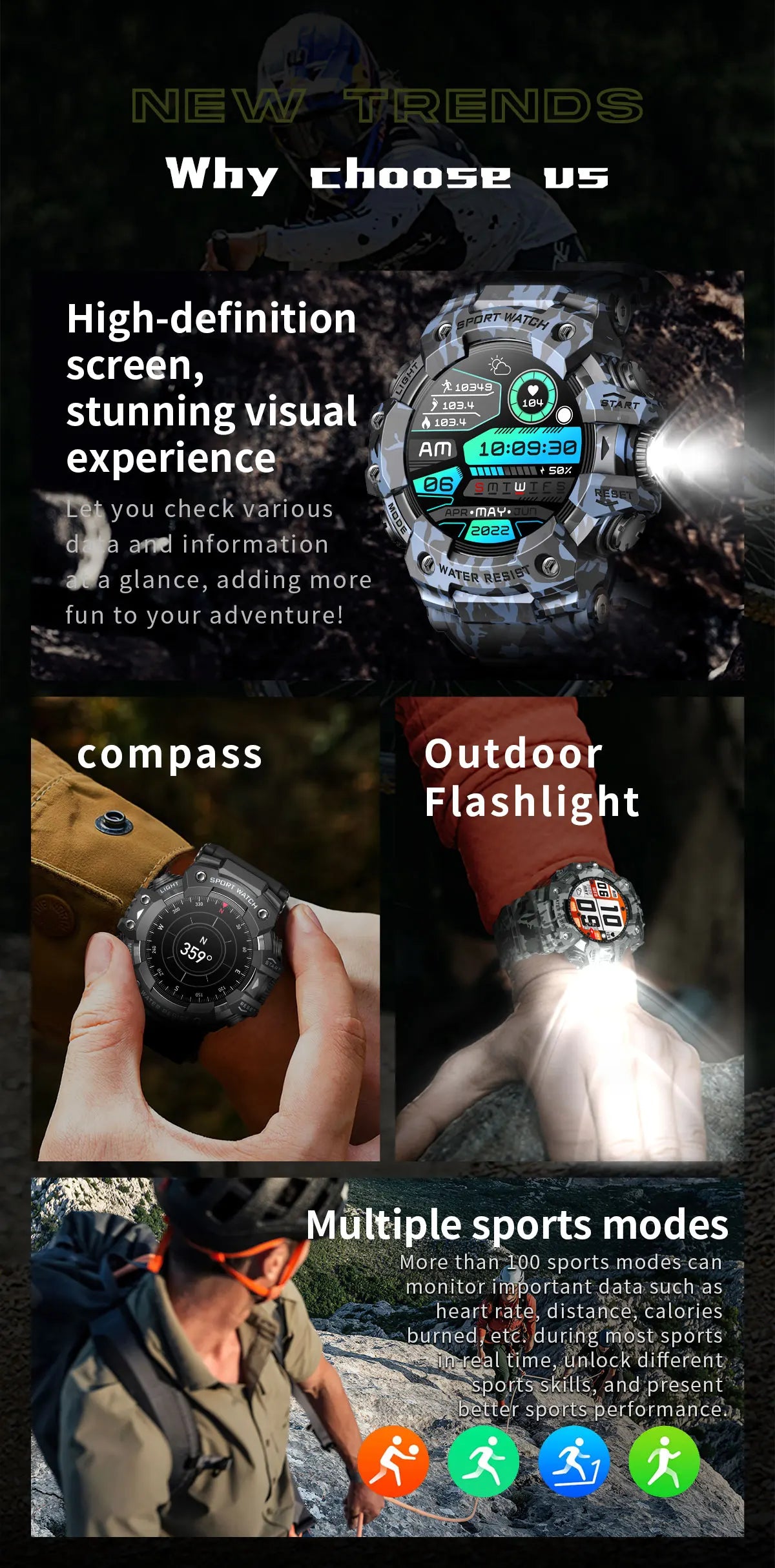 Multi-Functional Bluetooth Smart Watch – Heart Rate, Blood Pressure, Fitness Tracker, Outdoor Explorer