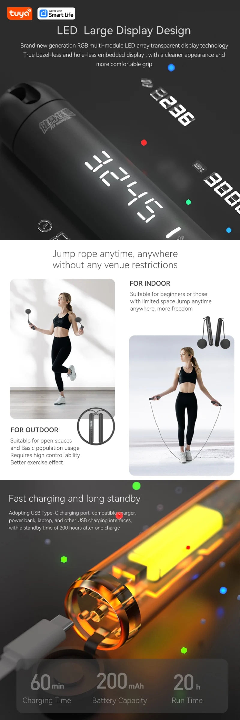 Tuya Smart Jump Rope with LED Display & App Tracking – Digital Skipping Rope for Fitness, Gym & Crossfit