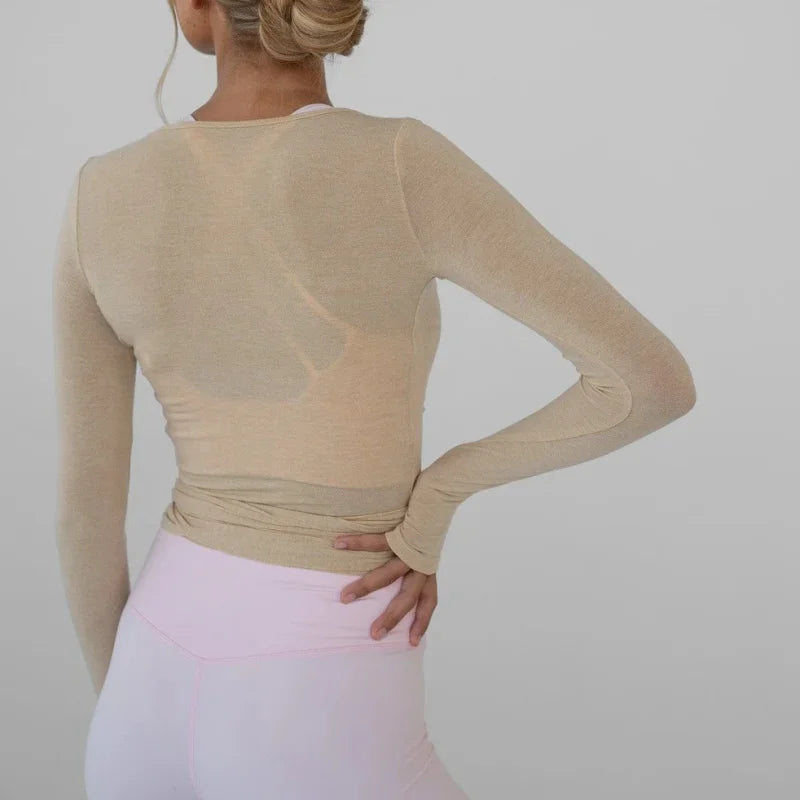 Wrap Tie Front Yoga Crop Top – Long Sleeve, Deep V-Neck, Breathable Fit