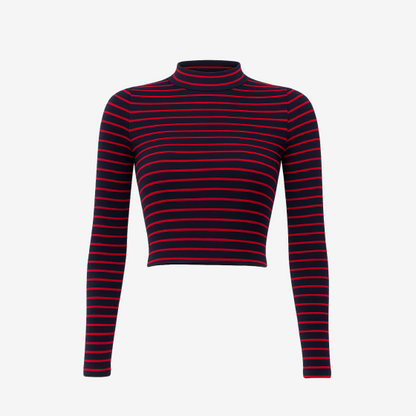 "Women's Chic Striped Slim Fit Crop Top – Long Sleeve Turtleneck"