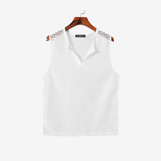 2024 Men Tank Tops Mesh Hollow Out Solid V Neck Sleeveless Summer Male Vests Streetwear Transparent Fashion Men Clothing INCERUN