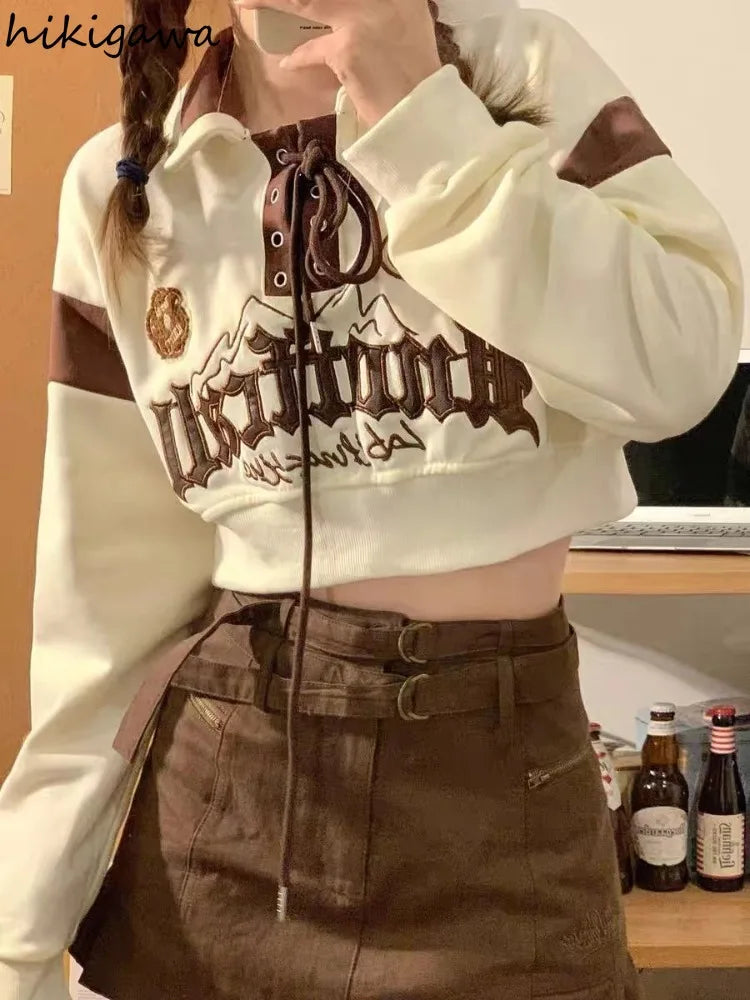 Crop Tops Vintage Hoodies for Women Streetwear Letter Embroidery Bandage Sweatshirt 2025 Ropa Mujer Casual Fashion Y2k Hoodie