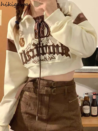 Crop Tops Vintage Hoodies for Women Streetwear Letter Embroidery Bandage Sweatshirt 2025 Ropa Mujer Casual Fashion Y2k Hoodie