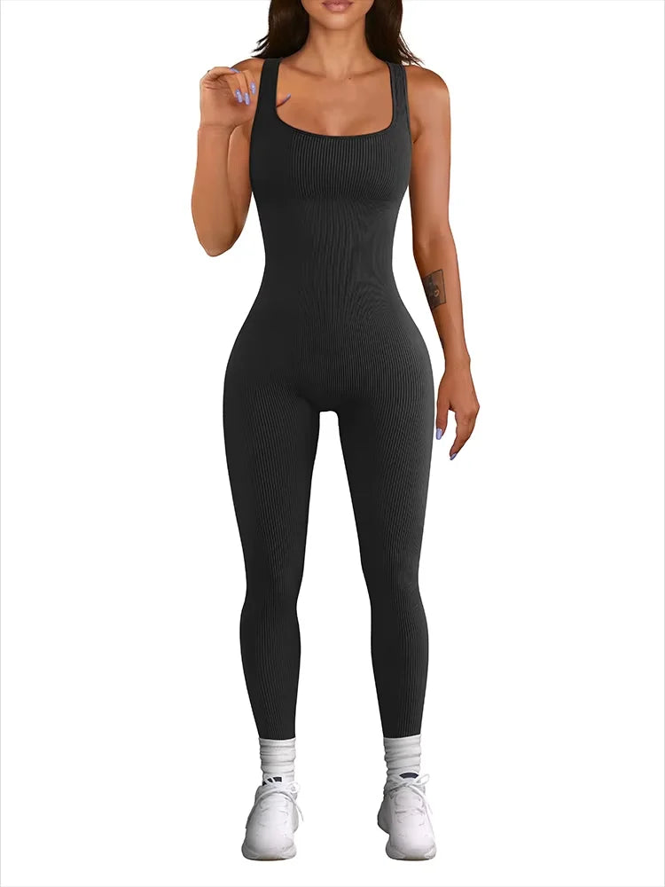Women's Ribbed Sleeveless Yoga Jumpsuit – Square Neck, High Waist, Seamless Activewear for Fitness & Sports