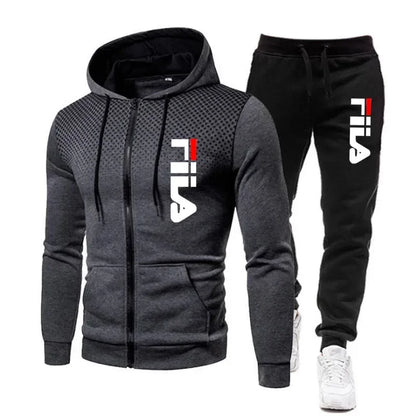 New men's casual jogging fitness fashion sports clothing set autumn and winter printed zipper hoodie + two sets of stretch pants