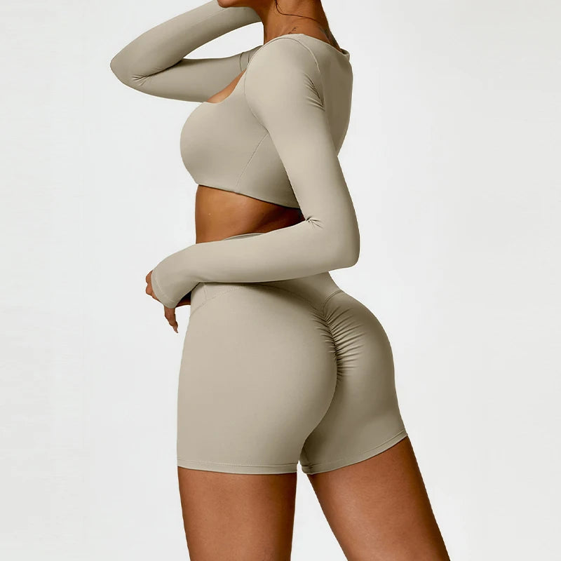 2PCS Yoga Set – High Waist Leggings + Long Sleeve Top | Quick-Dry & Sculpt Fit