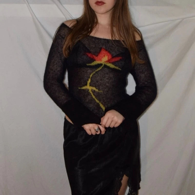 Flower Knit See-Through Long Sleeve Crop Top | Vintage Y2K Sweater