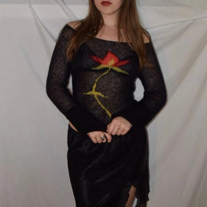 Flower Knit See-Through Long Sleeve Crop Top | Vintage Y2K Sweater