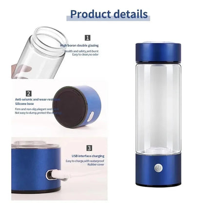 Hydrogen Water Bottle – Portable Hydrogen Generator Cup, Rechargeable Ionizer, Glass Health Bottle