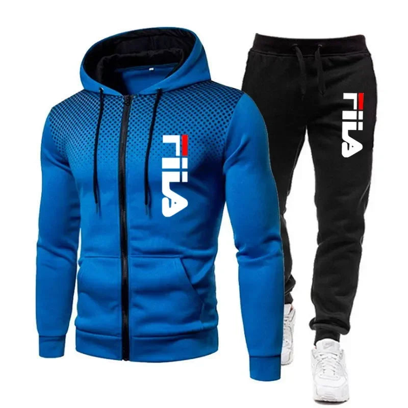 New men's casual jogging fitness fashion sports clothing set autumn and winter printed zipper hoodie + two sets of stretch pants