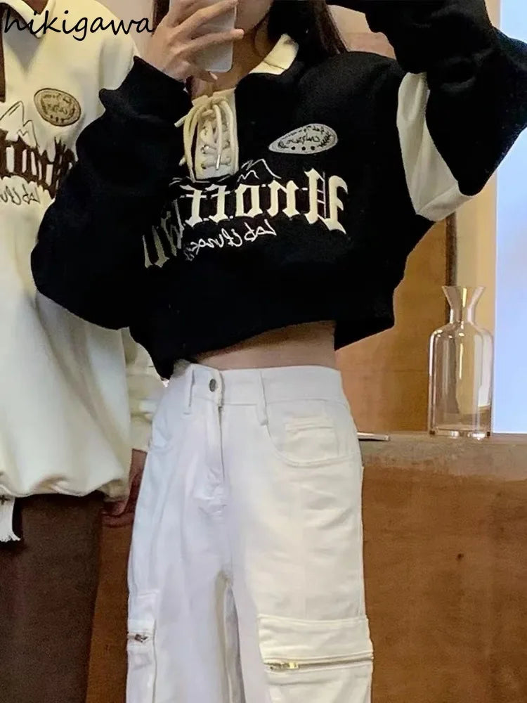 Crop Tops Vintage Hoodies for Women Streetwear Letter Embroidery Bandage Sweatshirt 2025 Ropa Mujer Casual Fashion Y2k Hoodie