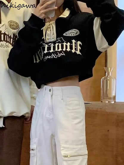 Crop Tops Vintage Hoodies for Women Streetwear Letter Embroidery Bandage Sweatshirt 2025 Ropa Mujer Casual Fashion Y2k Hoodie