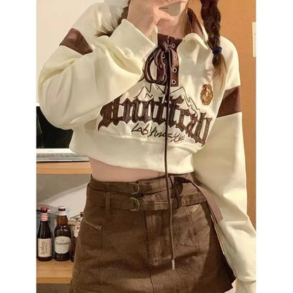 Crop Tops Vintage Hoodies for Women Streetwear Letter Embroidery Bandage Sweatshirt 2025 Ropa Mujer Casual Fashion Y2k Hoodie