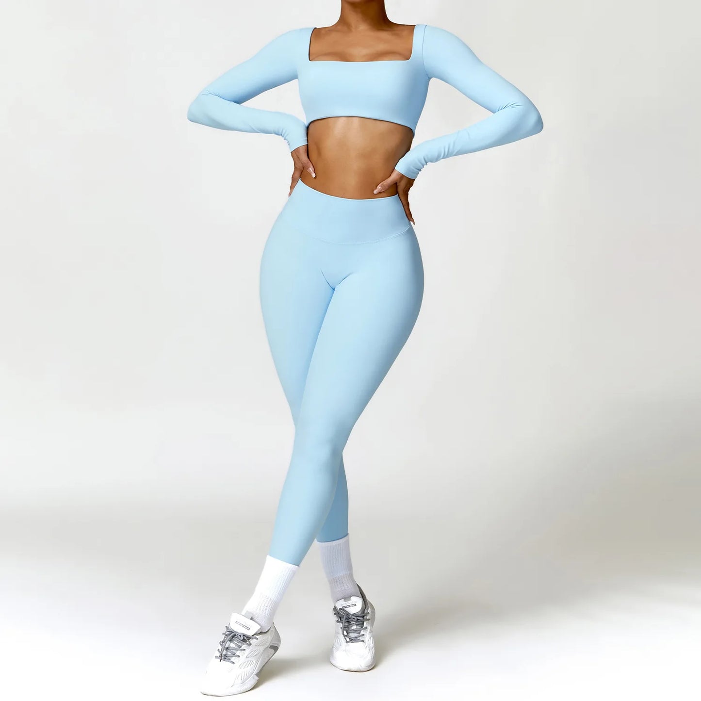 2PCS Yoga Set – High Waist Leggings + Long Sleeve Top | Quick-Dry & Sculpt Fit