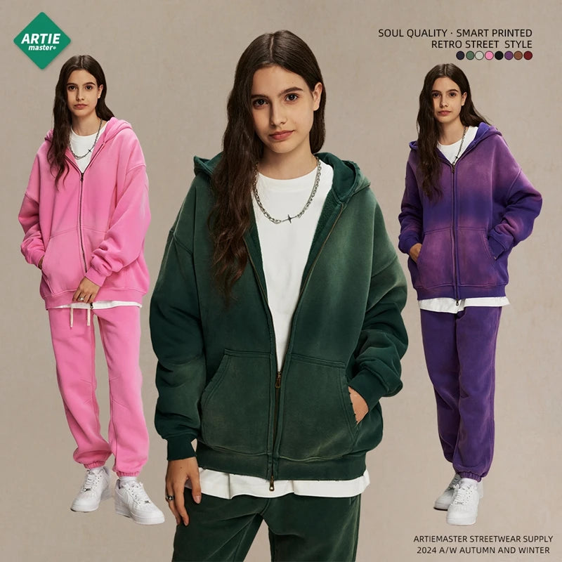 Unisex Oversized Zip Hoodie – Plush Tie-Dye Gradient | Cozy Winter Streetwear