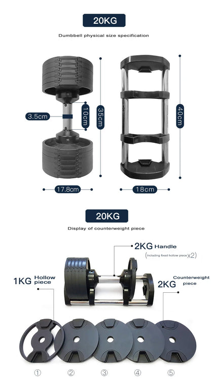 Adjustable Dumbbell Set – 2nd Generation Round Weights, 24kg/36kg, 2kg Increment, Home & Gym Fitness