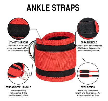 Adjustable Gym Ankle Straps with Double D-Ring | Neoprene Padded Cuffs for Cable Machine Leg & Glute Workout