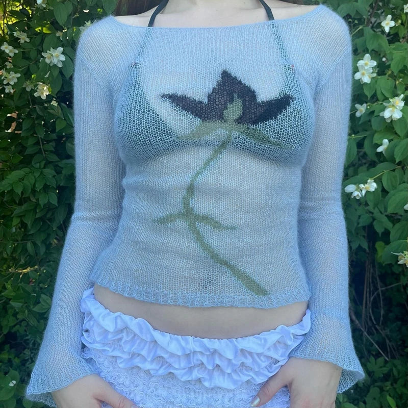 Flower Knit See-Through Long Sleeve Crop Top | Vintage Y2K Sweater