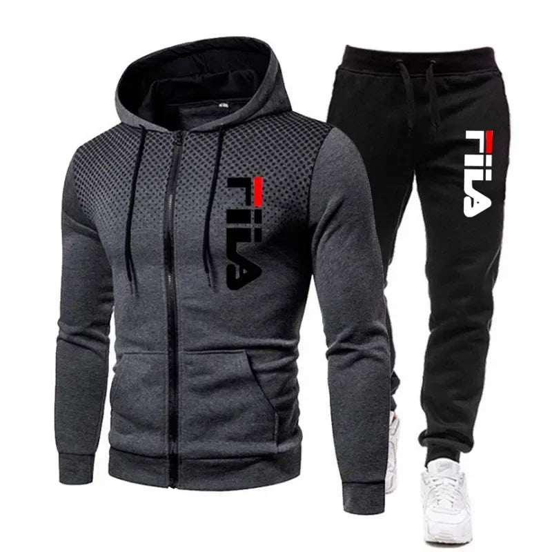 New men's casual jogging fitness fashion sports clothing set autumn and winter printed zipper hoodie + two sets of stretch pants