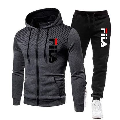 New men's casual jogging fitness fashion sports clothing set autumn and winter printed zipper hoodie + two sets of stretch pants