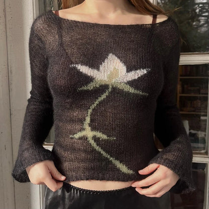 Flower Knit See-Through Long Sleeve Crop Top | Vintage Y2K Sweater