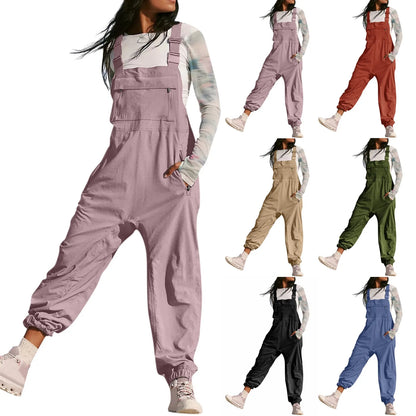 Women’s Casual Sleeveless Wide-Leg Jumpsuit with Pockets – Adjustable Straps