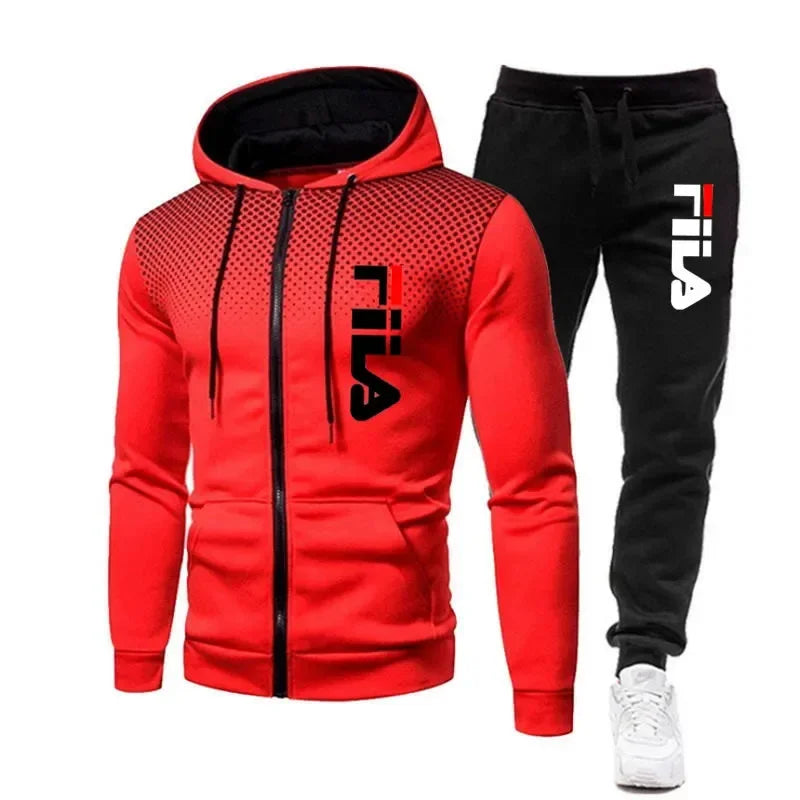 New men's casual jogging fitness fashion sports clothing set autumn and winter printed zipper hoodie + two sets of stretch pants