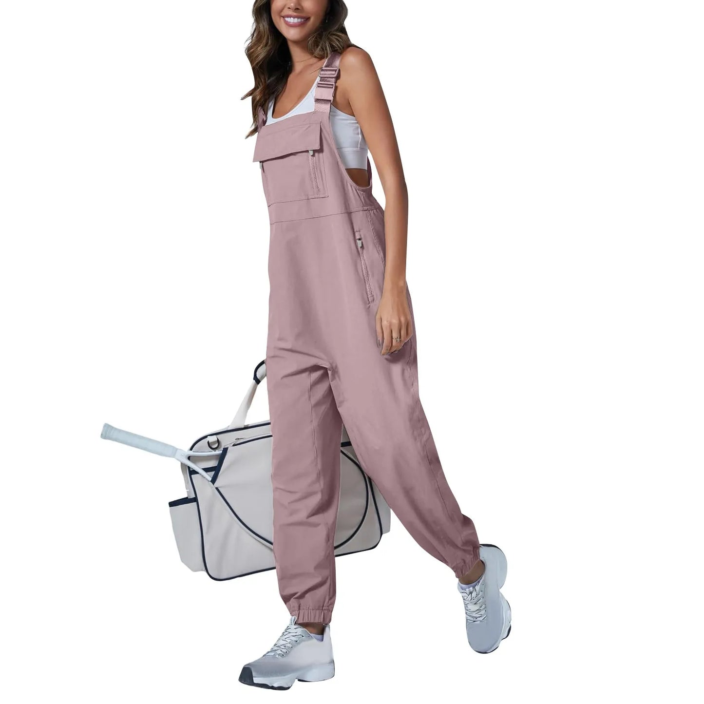 Women’s Casual Sleeveless Wide-Leg Jumpsuit with Pockets – Adjustable Straps