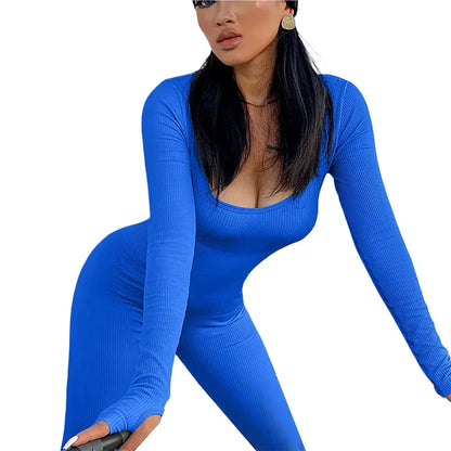 Women’s Ribbed Knit Long Sleeve Skinny Jumpsuit – Square Neck Bodycon Fit