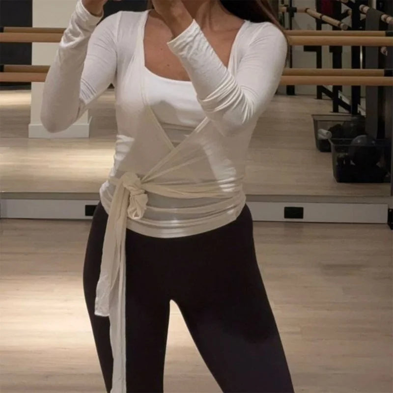Wrap Tie Front Yoga Crop Top – Long Sleeve, Deep V-Neck, Breathable Fit